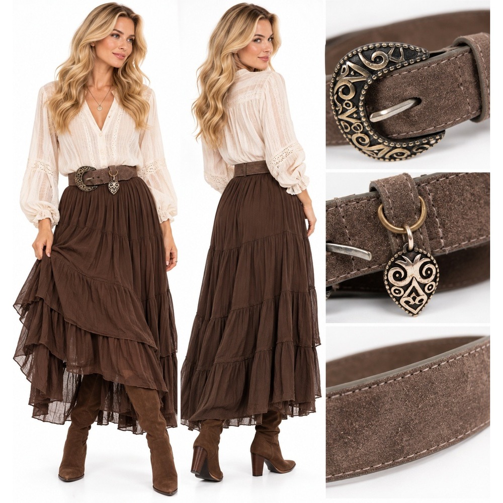 Liz Claiborne Belt Brown Suede Leather Heart Charm Ornate Buckle Western Boho